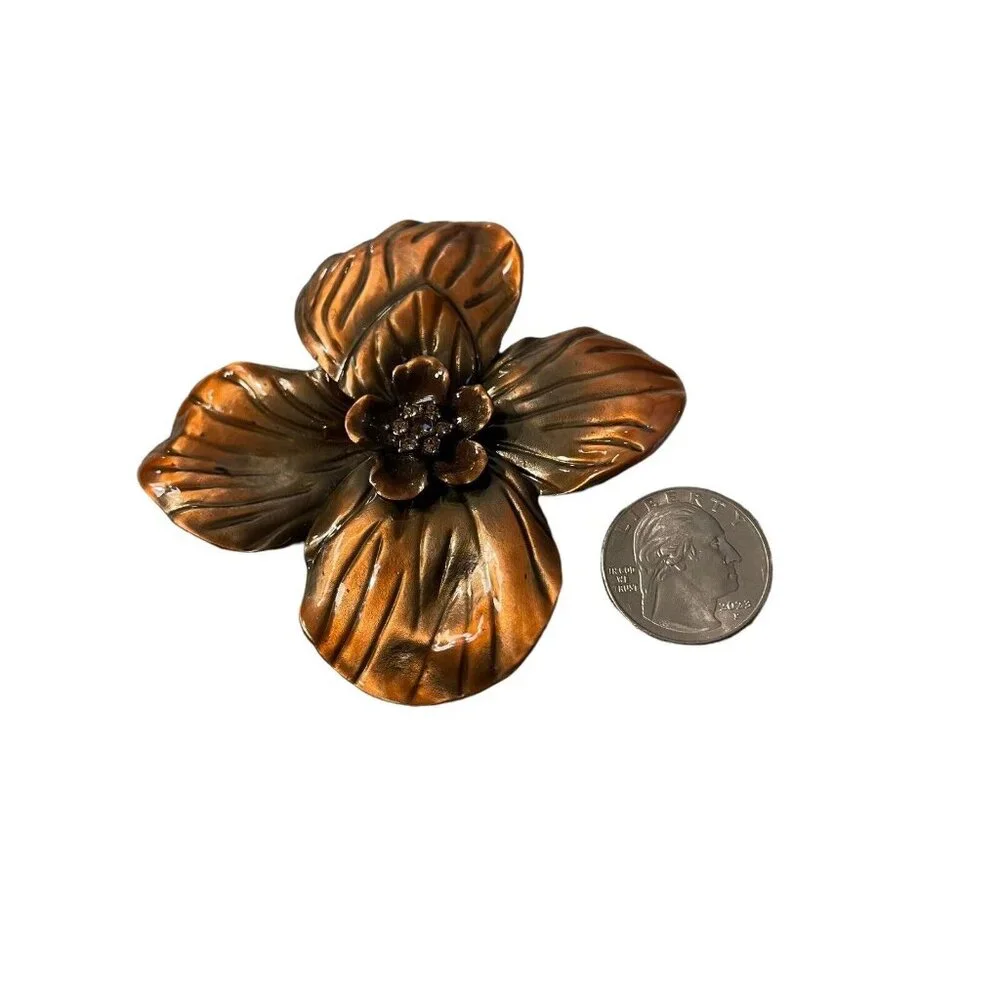 VTG Erwin Pearl Rhinestone Layered Petal‎ Flower Copper Color Enamel Brooch Pin